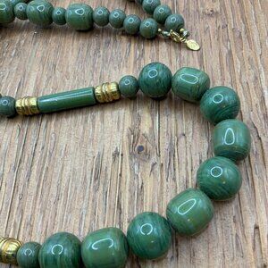 Cadoro Vintage Green Marbled Bakelite Beaded Gold Tone Necklace
